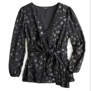 J Crew tie waist v neck metallic dot jacquard blouse in black size Medium